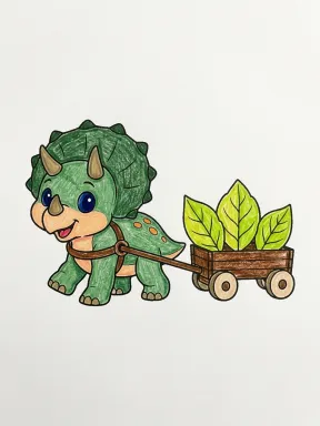 Triceratops Pulling a Wagon Coloring Page colored with AI in crayon style