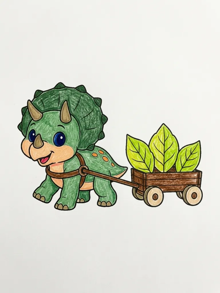 Triceratops Pulling a Wagon Coloring Page colored in crayon style