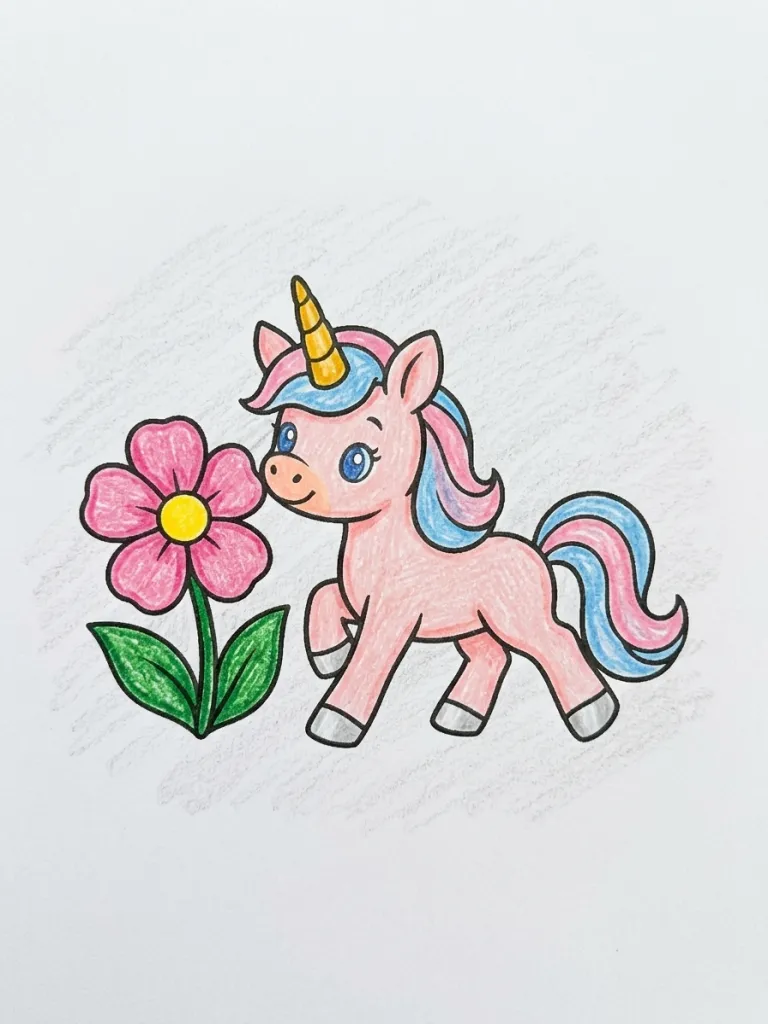 Trotting Unicorn Coloring Page colored in crayon style