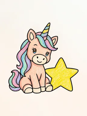 Unicorn and Big Star Coloring Page, colored example