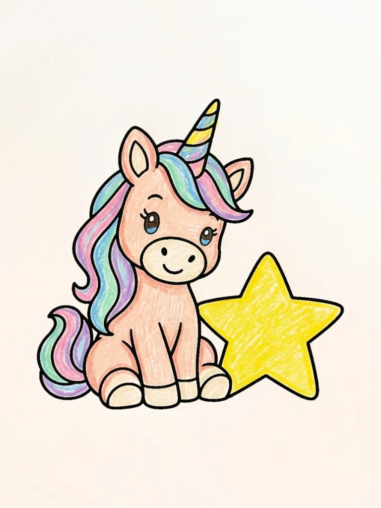 Unicorn and Big Star Coloring Page colored in crayon style
