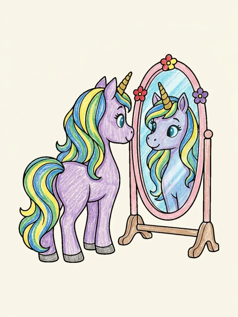 Unicorn at a Mirror Coloring Page colored in crayon style
