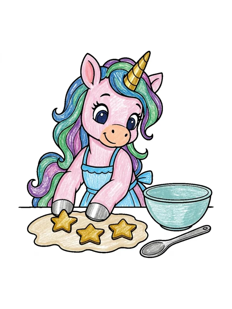 Unicorn Baking Star Cookies Coloring Page colored in crayon style