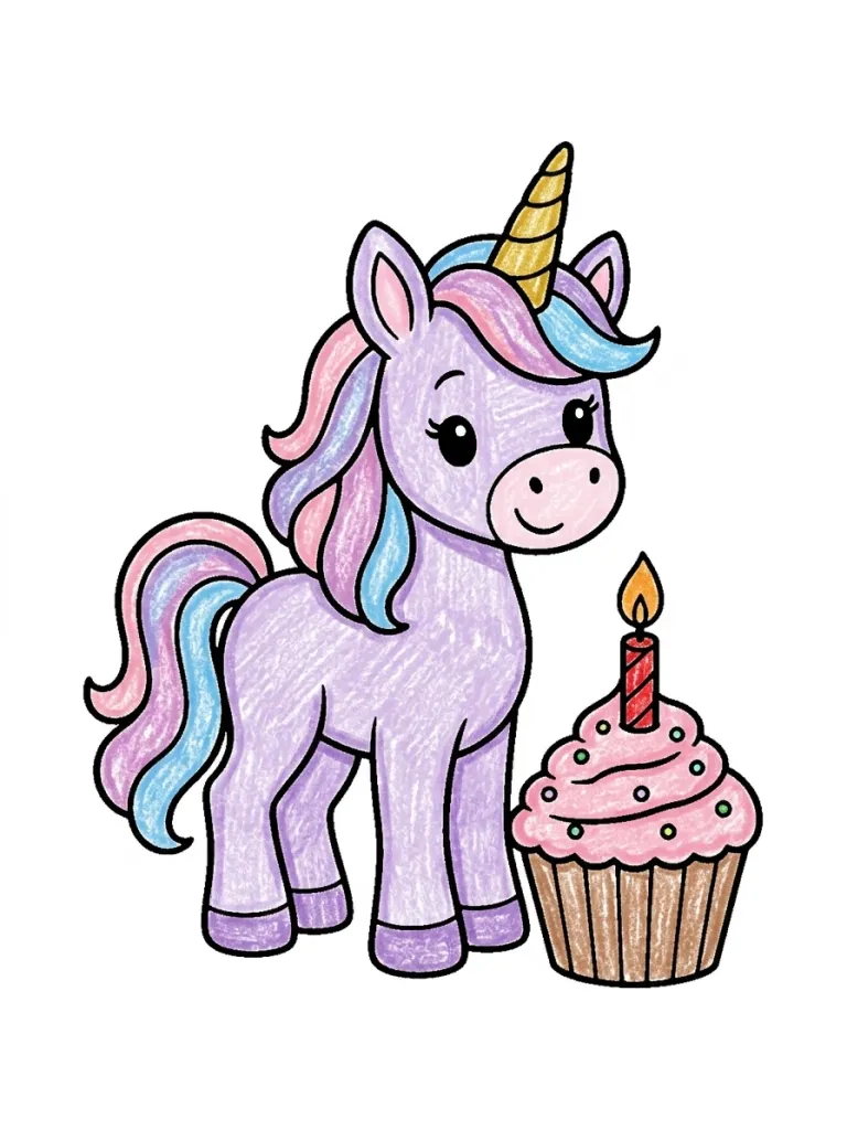 Unicorn Birthday Cupcake Coloring Page colored in crayon style