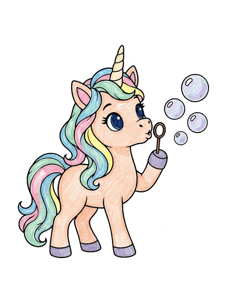 Unicorn Blowing Bubbles Coloring Page colored in crayon style