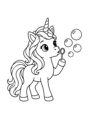 A cute unicorn blowing round bubbles from a bubble wand.