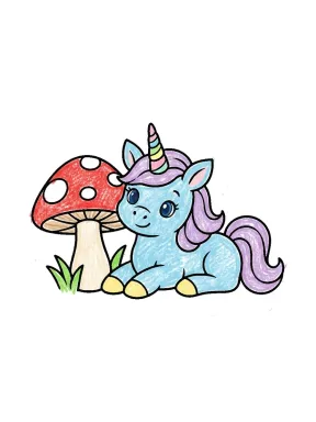 Unicorn by a Big Mushroom Coloring Page, colored example