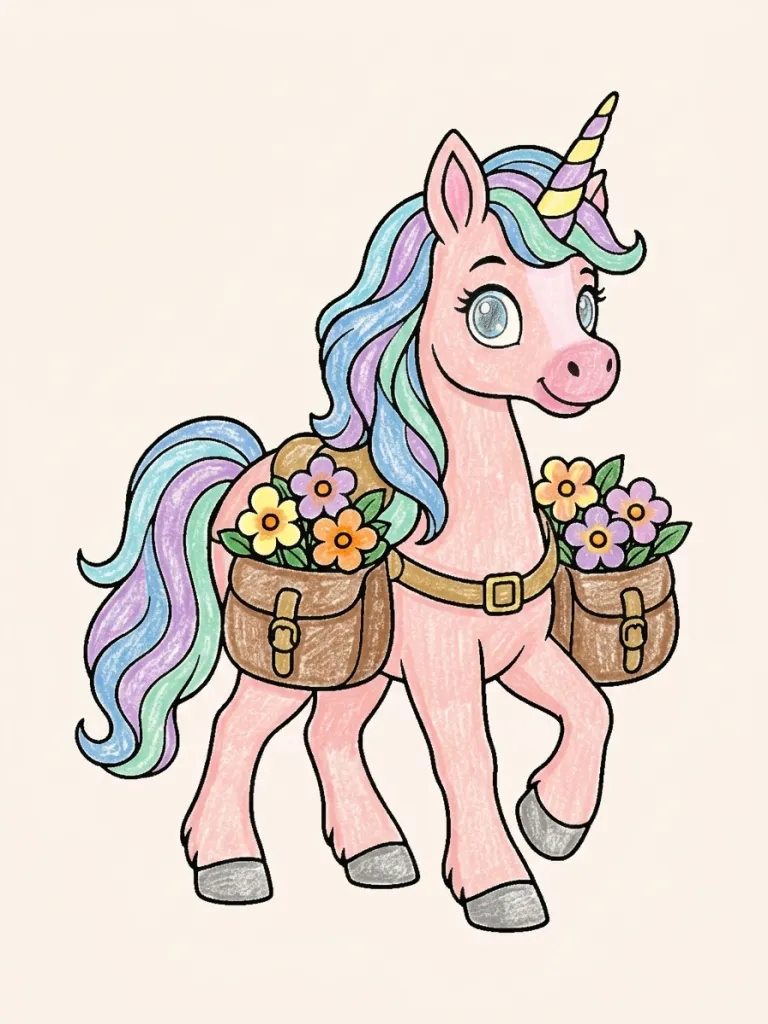 Unicorn Carrying Flowers Coloring Page colored in crayon style