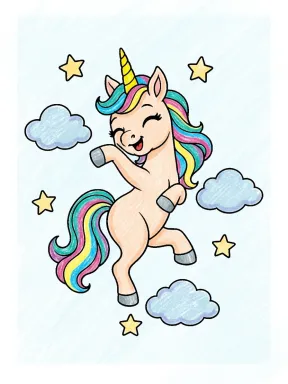 Unicorn Dancing on Clouds Coloring Page colored with AI in crayon style