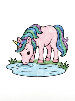 Unicorn Drinking at a Pond Coloring Page colored with AI in crayon style
