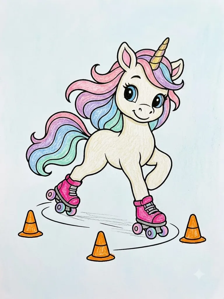 Unicorn on Roller Skates Coloring Page colored in crayon style