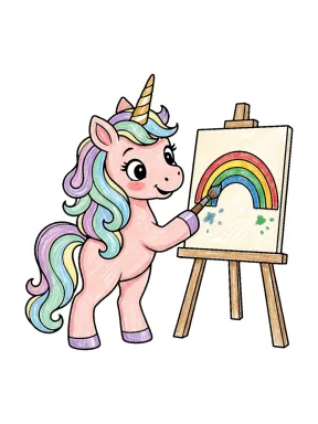 Unicorn Painting a Rainbow Coloring Page colored with AI in crayon style