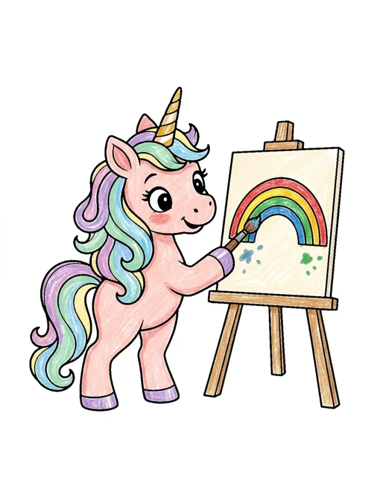 Unicorn Painting a Rainbow Coloring Page colored in crayon style