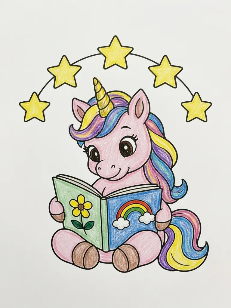 Unicorn Reading Under Stars Coloring Page colored in crayon style