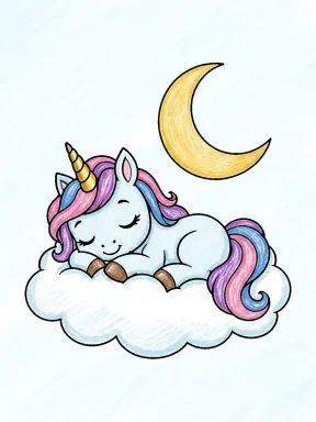 Unicorn Sleeping on a Cloud Coloring Page colored with AI in crayon style