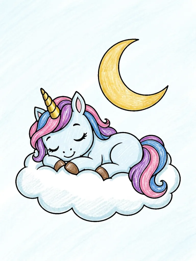 Unicorn Sleeping on a Cloud Coloring Page colored in crayon style