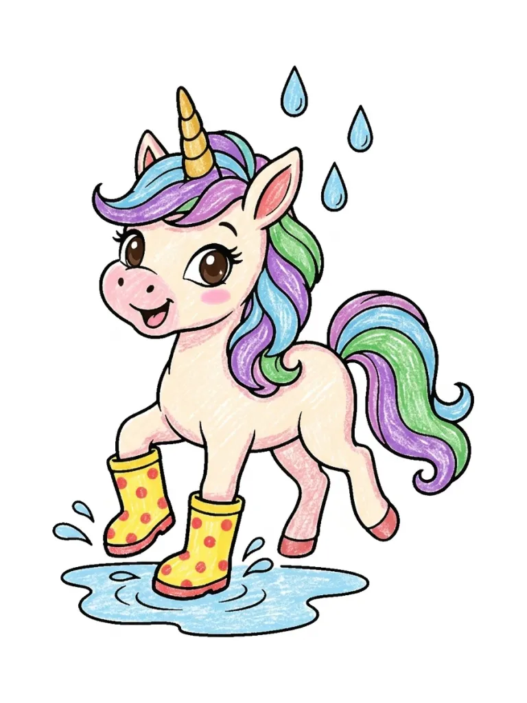 Unicorn Splashing in Puddles Coloring Page colored in crayon style