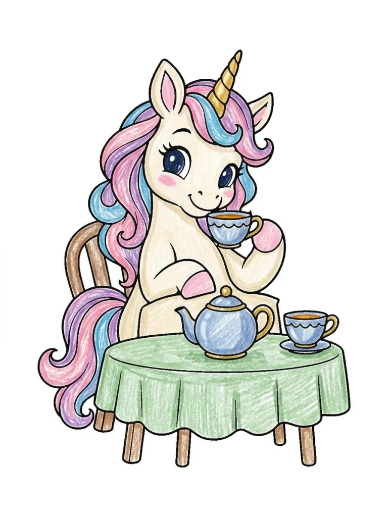 Unicorn Tea Party Coloring Page colored in crayon style
