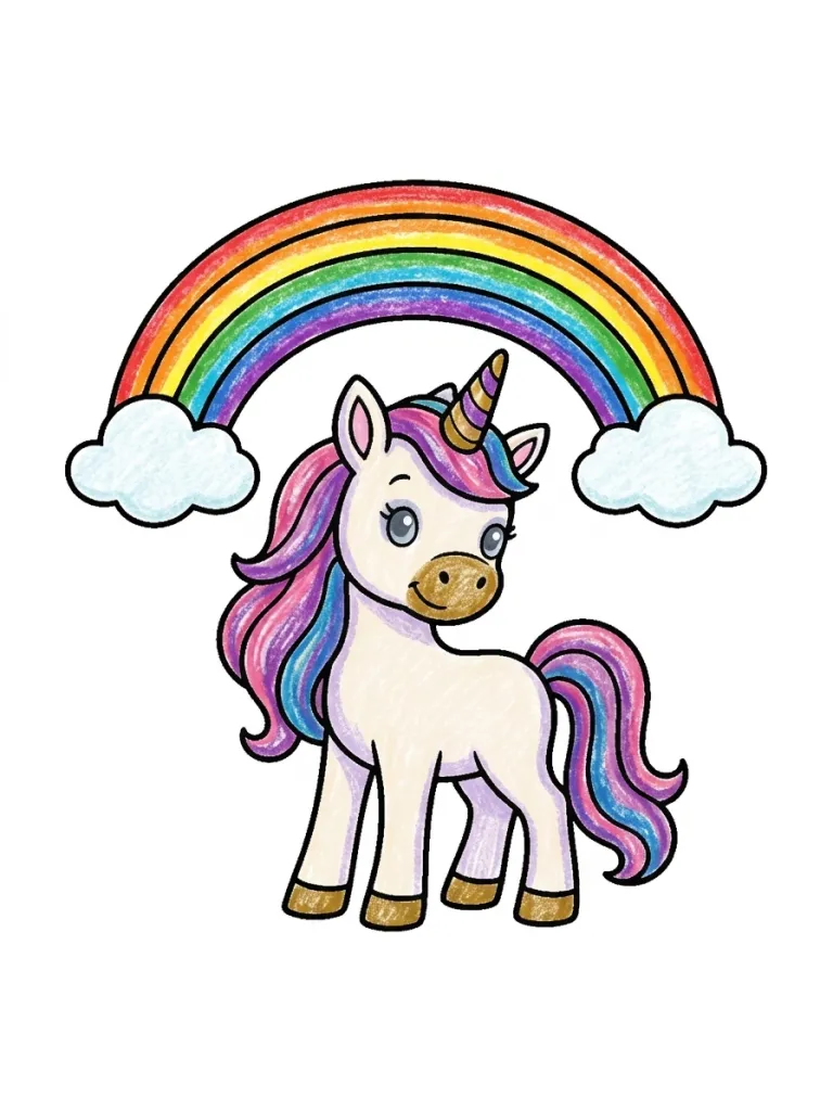 Unicorn Under a Rainbow Coloring Page colored in crayon style