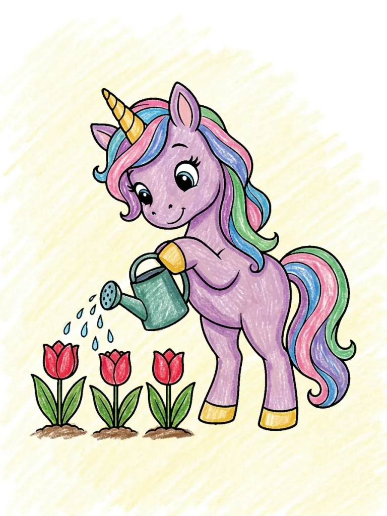 Unicorn Watering Tulips Coloring Page colored in crayon style