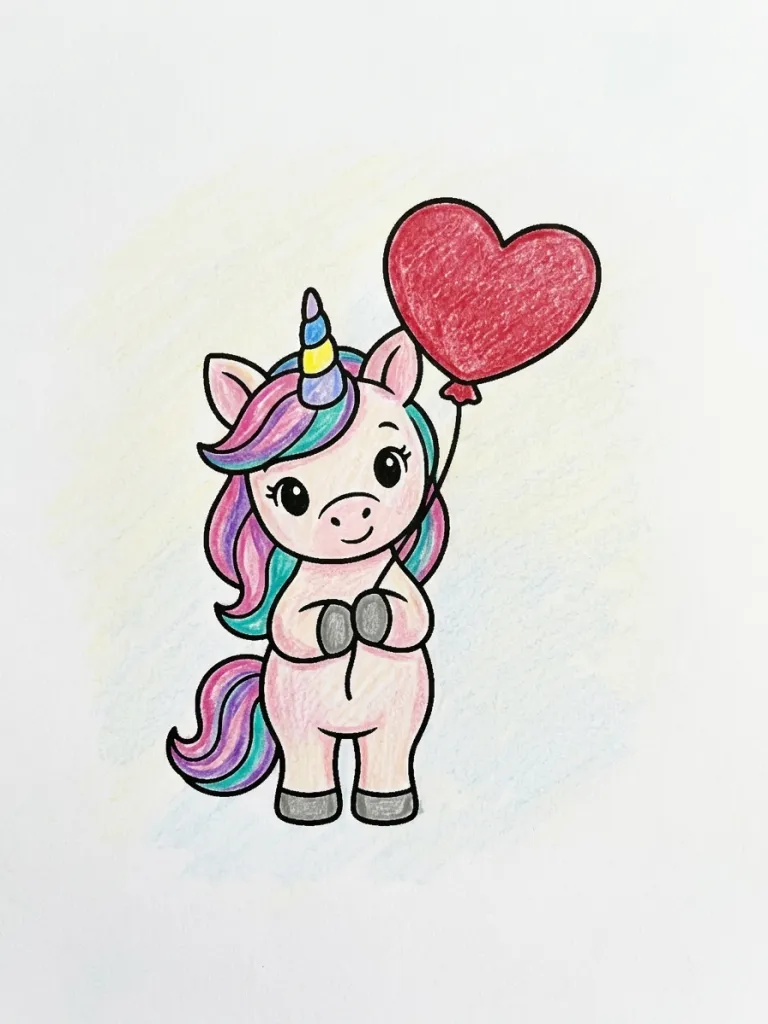 Unicorn with a Heart Balloon Coloring Page colored in crayon style