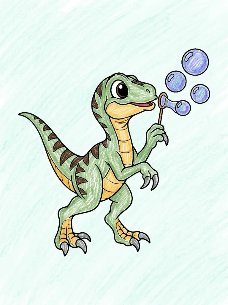 Velociraptor Blowing Bubbles Coloring Page colored in crayon style