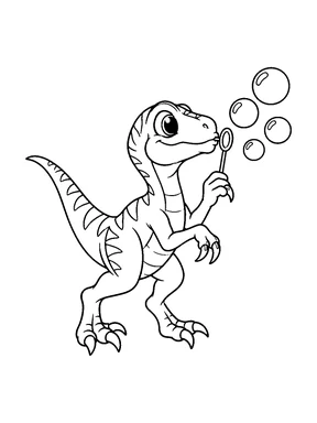 A cute velociraptor blowing round bubbles from a bubble wand.